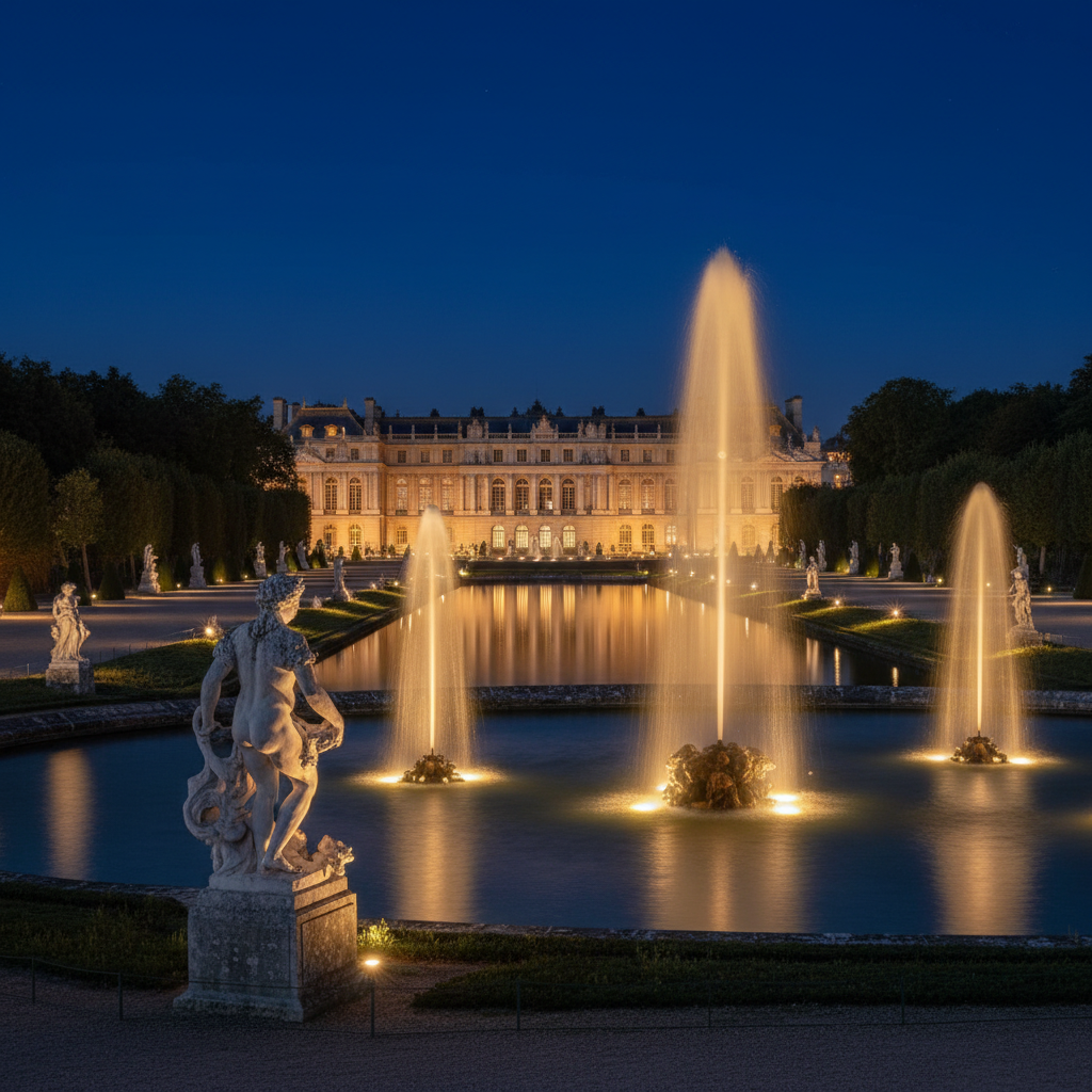découvrez les illuminations nocturnes des grandes eaux au château de versailles, un spectacle éblouissant mêlant lumière, musique et fontaines dans un cadre historique majestueux.