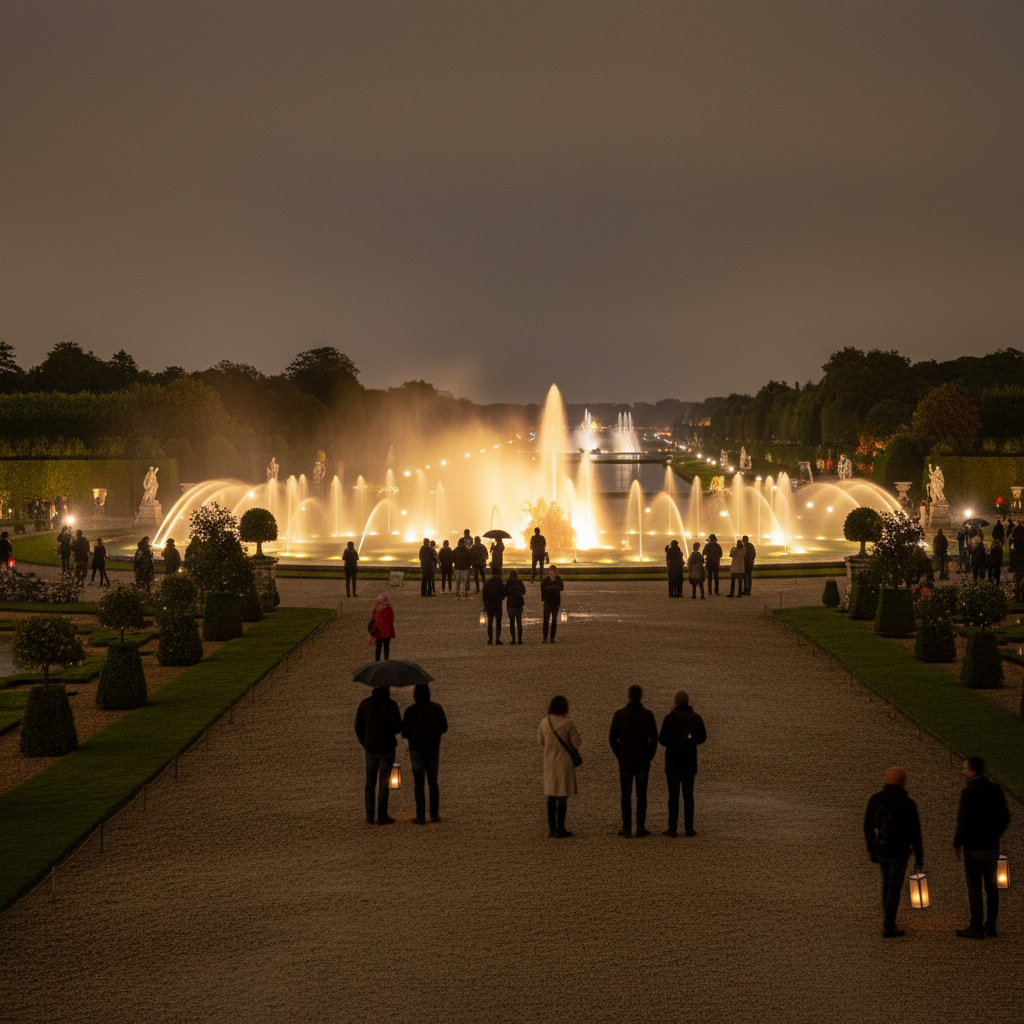 découvrez les illuminations nocturnes des grandes eaux au château de versailles, un spectacle éblouissant mêlant lumière, musique et fontaines pour une soirée inoubliable.